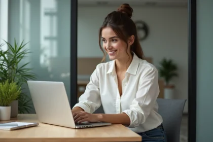 Jeune femme souriante travaillant sur un ordinateur portable dans un bureau moderne