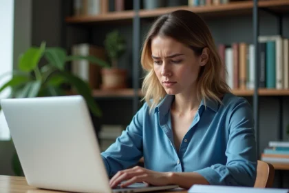 Femme concentrée sur son ordinateur dans un bureau moderne
