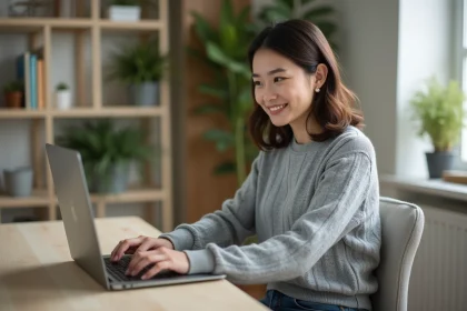 Jeune femme au bureau vérifiant ses réglages linguistiques