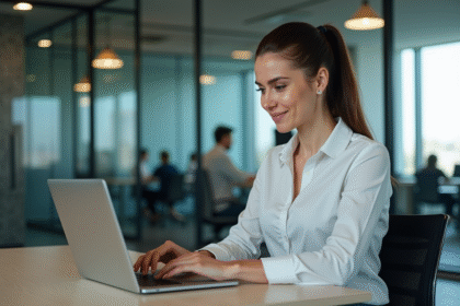 Femme concentrée travaillant sur un ordinateur dans un bureau moderne