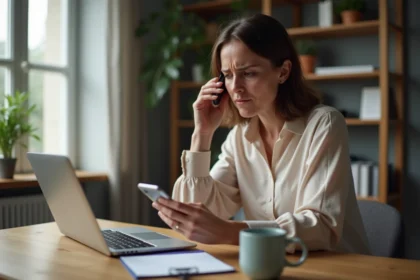 Femme en blouse regardant son ordinateur dans un bureau