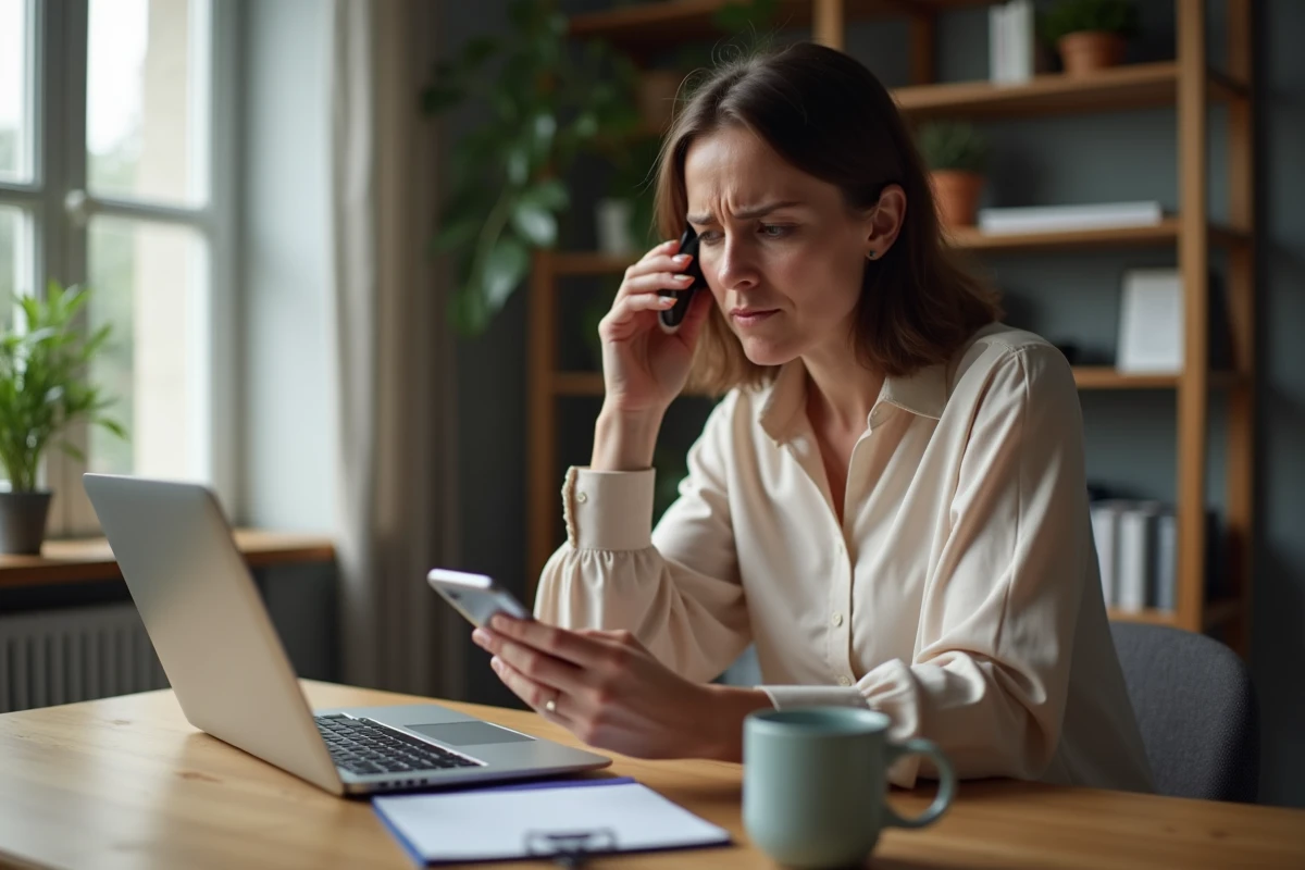 Femme en blouse regardant son ordinateur dans un bureau