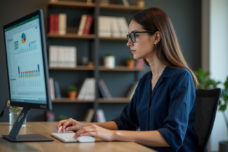 Jeune femme au bureau travaillant sur ordinateur
