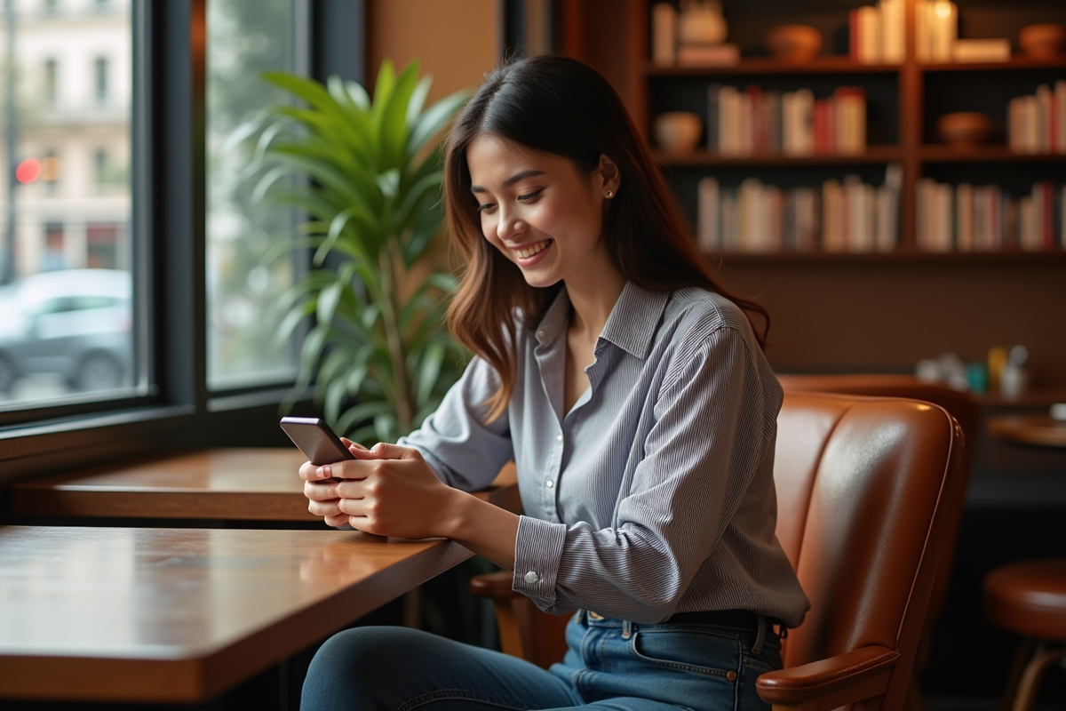 Jeune femme au café utilisant une application sur son smartphone
