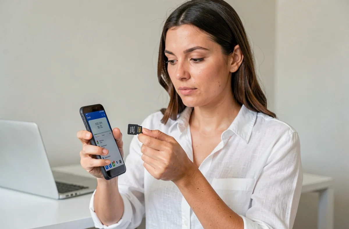 Femme tenant un smartphone Android et une carte microSD dans un bureau minimaliste, comparant les options de stockage