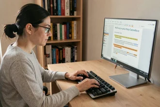 Femme tapant des accents espagnols sur un clavier mécanique devant un document en espagnol affiché à l'écran