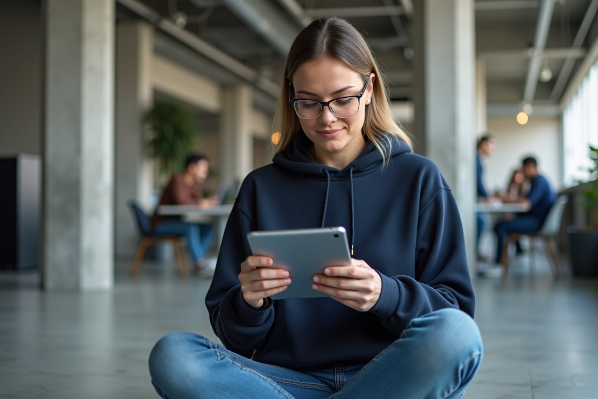 Femme codant sur une tablette dans un espace de coworking