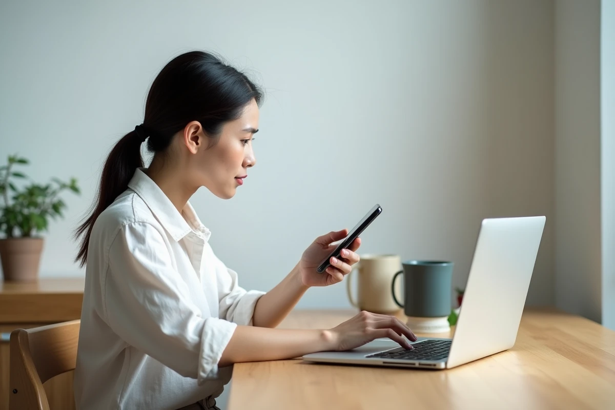 Femme comparant l'accès à un site de streaming sur ordinateur portable et smartphone depuis un bureau à domicile