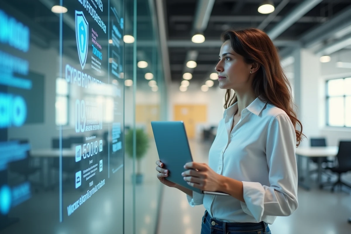 Femme dans un couloir d office regardant une affiche sur la cybersécurité