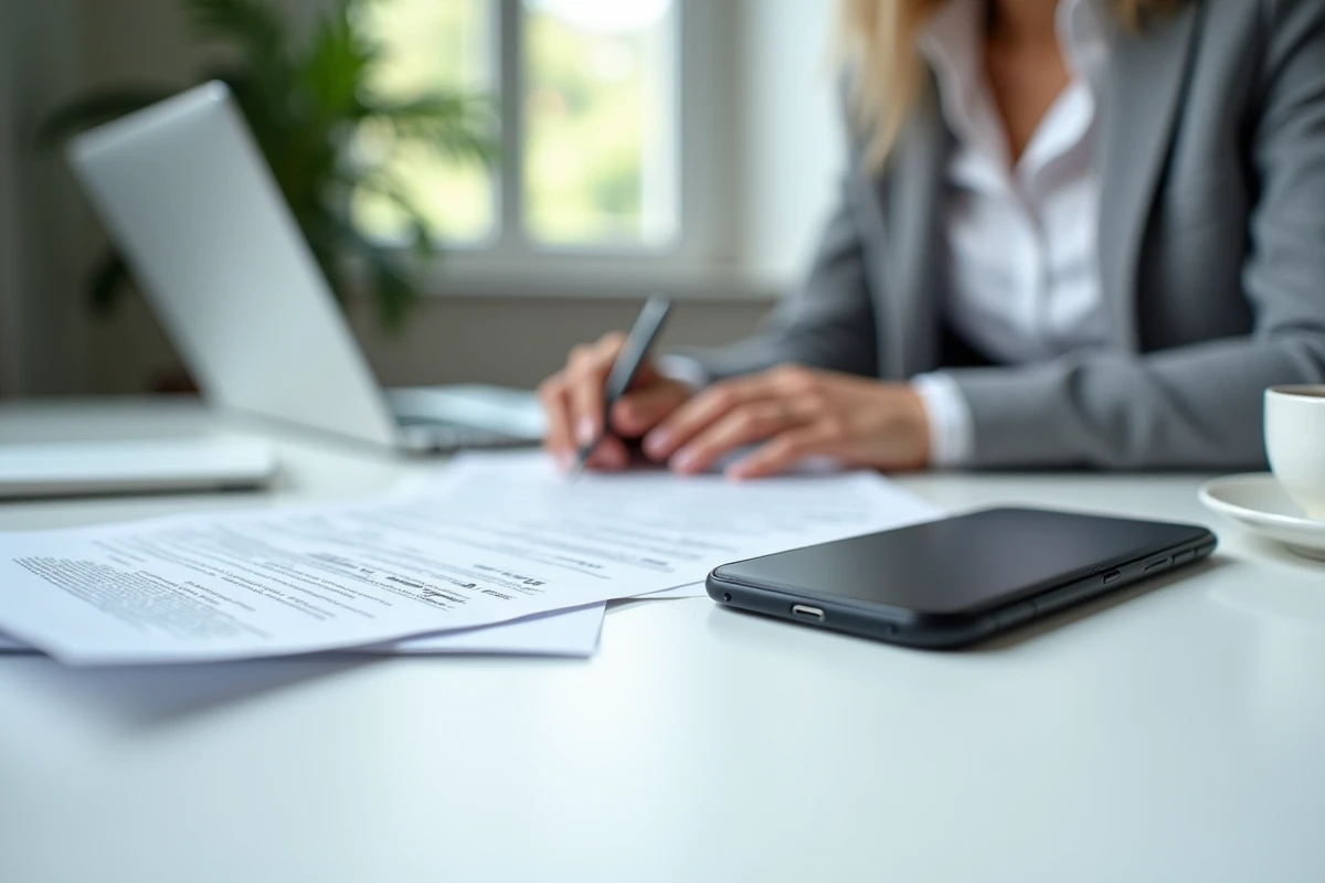 Femme comparant les documents d'assurance à côté de son Google Pixel 8 Pro sur un bureau professionnel