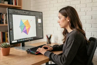 Jeune femme utilisant le logiciel gratuit Inkscape pour éditer un fichier SVG sur un ordinateur de bureau dans un bureau à domicile moderne