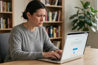 Femme frustrée devant un message d'erreur de connexion sur son webmail