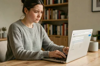 Femme frustrée tentant d'uploader une image sur un ordinateur portable, illustrant les erreurs fréquentes lors du téléchargement d'images en ligne