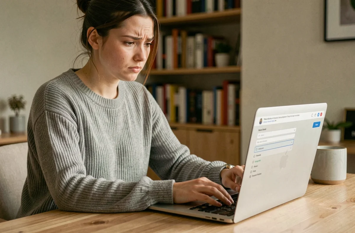 Femme frustrée tentant d'uploader une image sur un ordinateur portable, illustrant les erreurs fréquentes lors du téléchargement d'images en ligne