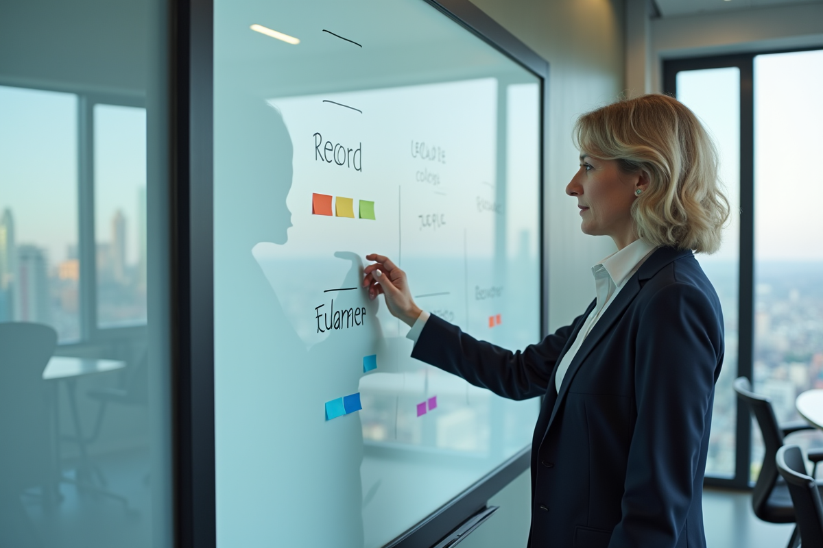 Femme en réunion expliquant des notes sur tableau interactif