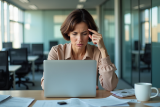 Femme d'âge moyen frustrée au bureau avec ordinateur