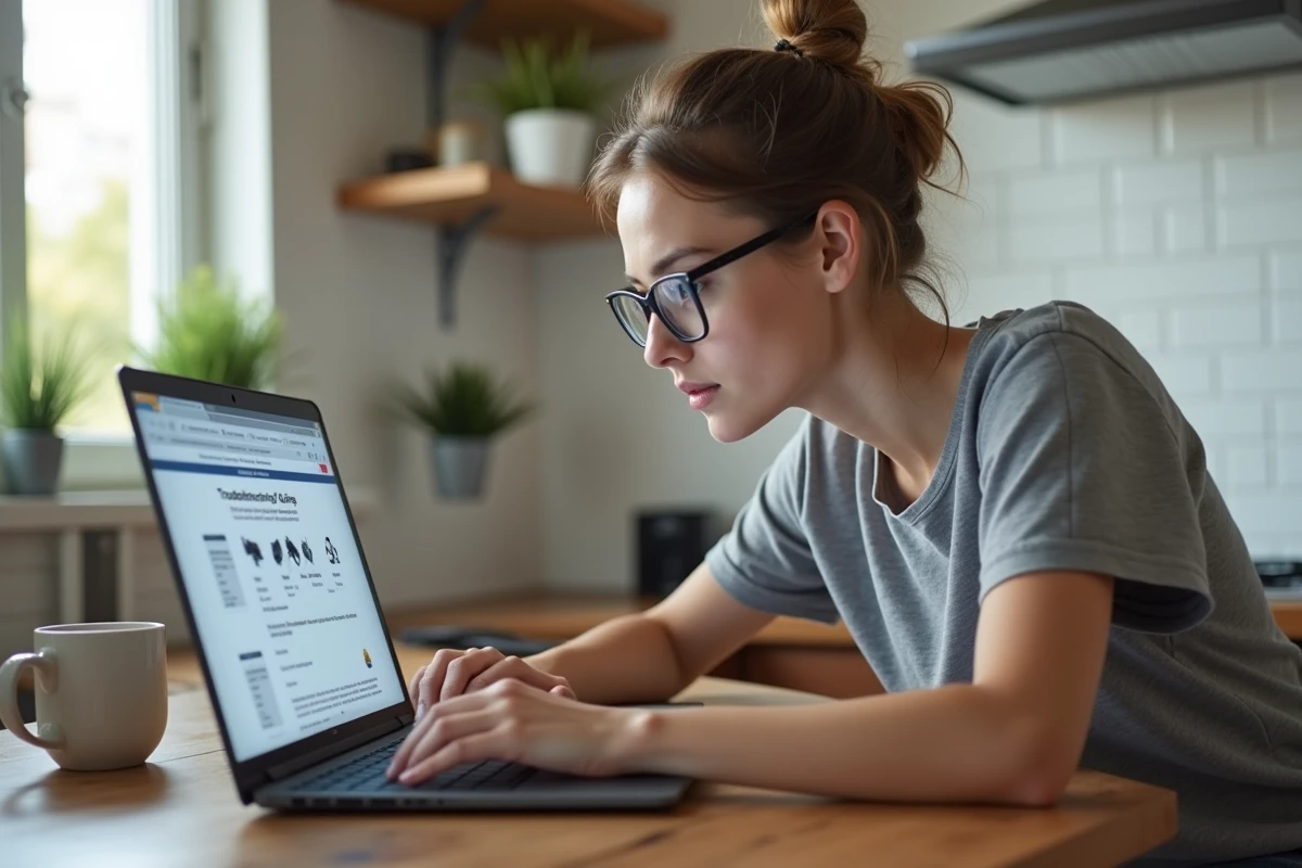 Jeune femme consultant un guide de dépannage pour un problème de mod non détecté sur son ordinateur portable