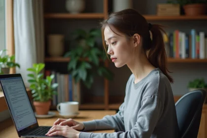Jeune femme tapant en italique sur Discord depuis son bureau à domicile