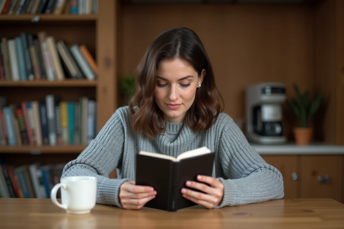 Femme lisant un livre au format Kindle sur une liseuse électronique à une table en bois dans une cuisine chaleureuse