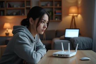 Femme observant le voyant blanc clignotant de sa Livebox posée sur un bureau en bois dans un appartement moderne
