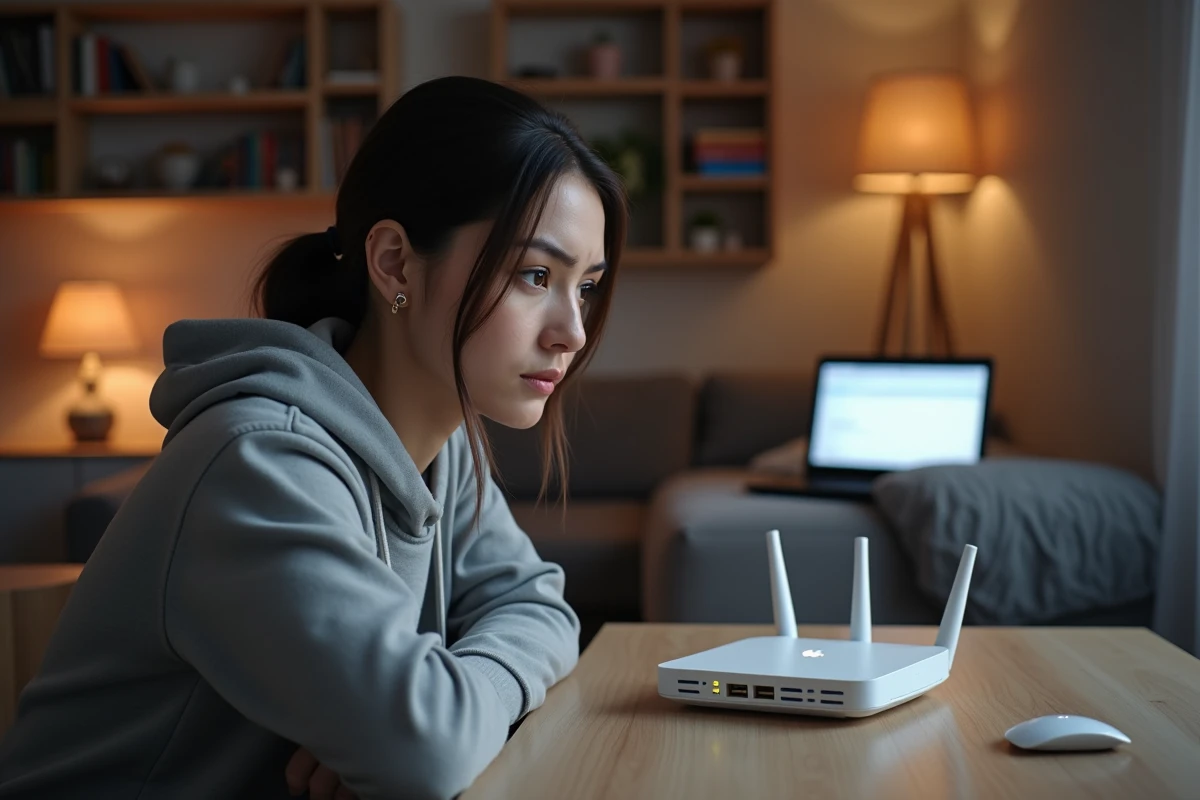 Femme observant le voyant blanc clignotant de sa Livebox posée sur un bureau en bois dans un appartement moderne