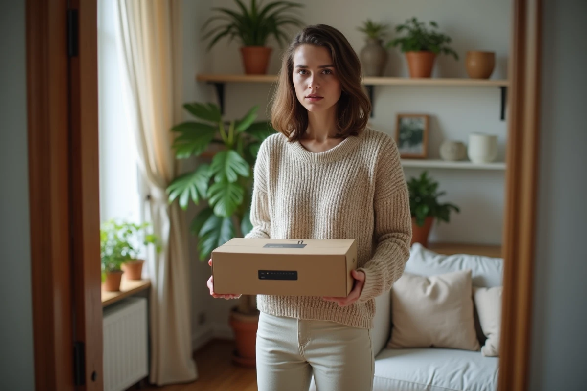 Jeune femme tenant un modem de remplacement dans le salon