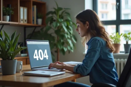 Jeune femme regardant un écran 404 dans un bureau moderne