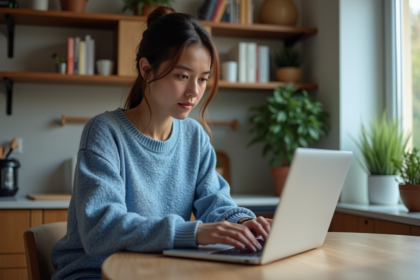 Jeune femme explore un site d'intelligence artificielle à la maison