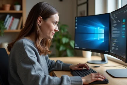 Femme utilisant les paramètres clavier cachés de Windows sur un bureau minimaliste en 2026