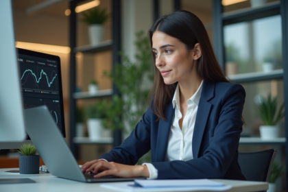 Jeune femme en costume analysant des données CRM au bureau