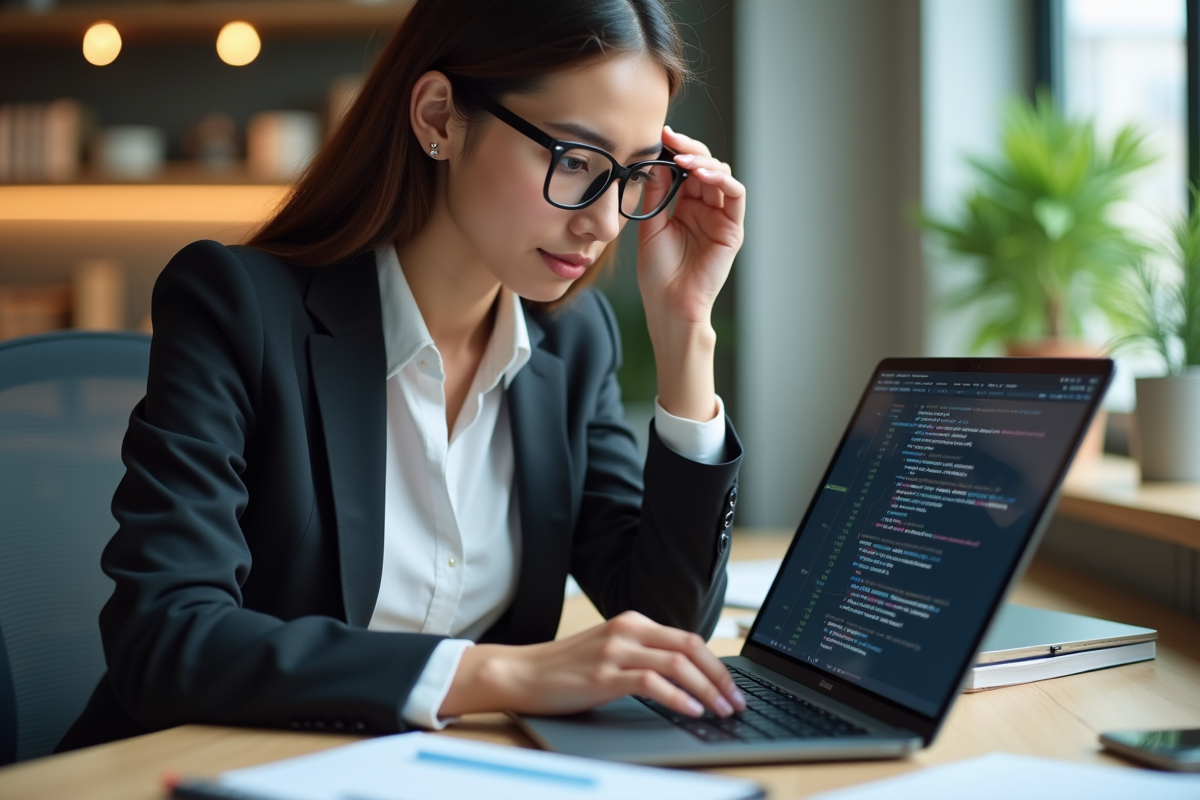 Jeune femme professionnelle concentrée sur son ordinateur avec code blockchain