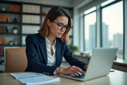 Femme professionnelle en bureau moderne avec ordinateur et tablette