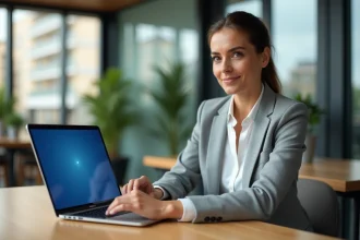 Femme professionnelle accédant à sa messagerie webmail sur un ordinateur portable dans un bureau moderne à Orléans