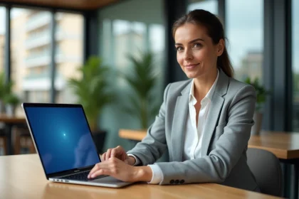 Femme professionnelle accédant à sa messagerie webmail sur un ordinateur portable dans un bureau moderne à Orléans
