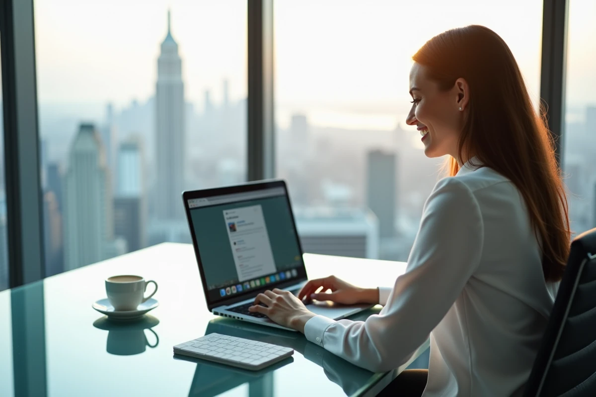 Femme d affaires souriante planifiant un message WhatsApp dans un bureau moderne
