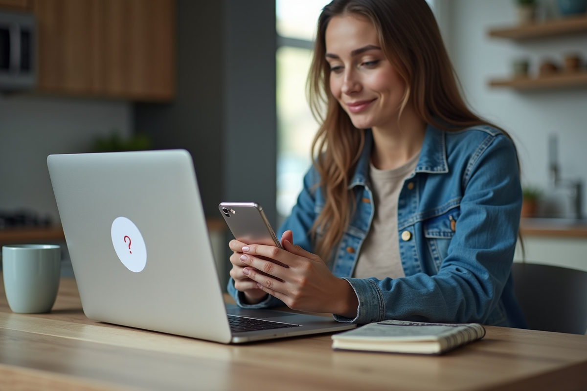 Jeune femme utilisant deux appareils pour la verification de securite