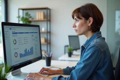 Femme concentrée analysant des graphiques SEO sur un ordinateur