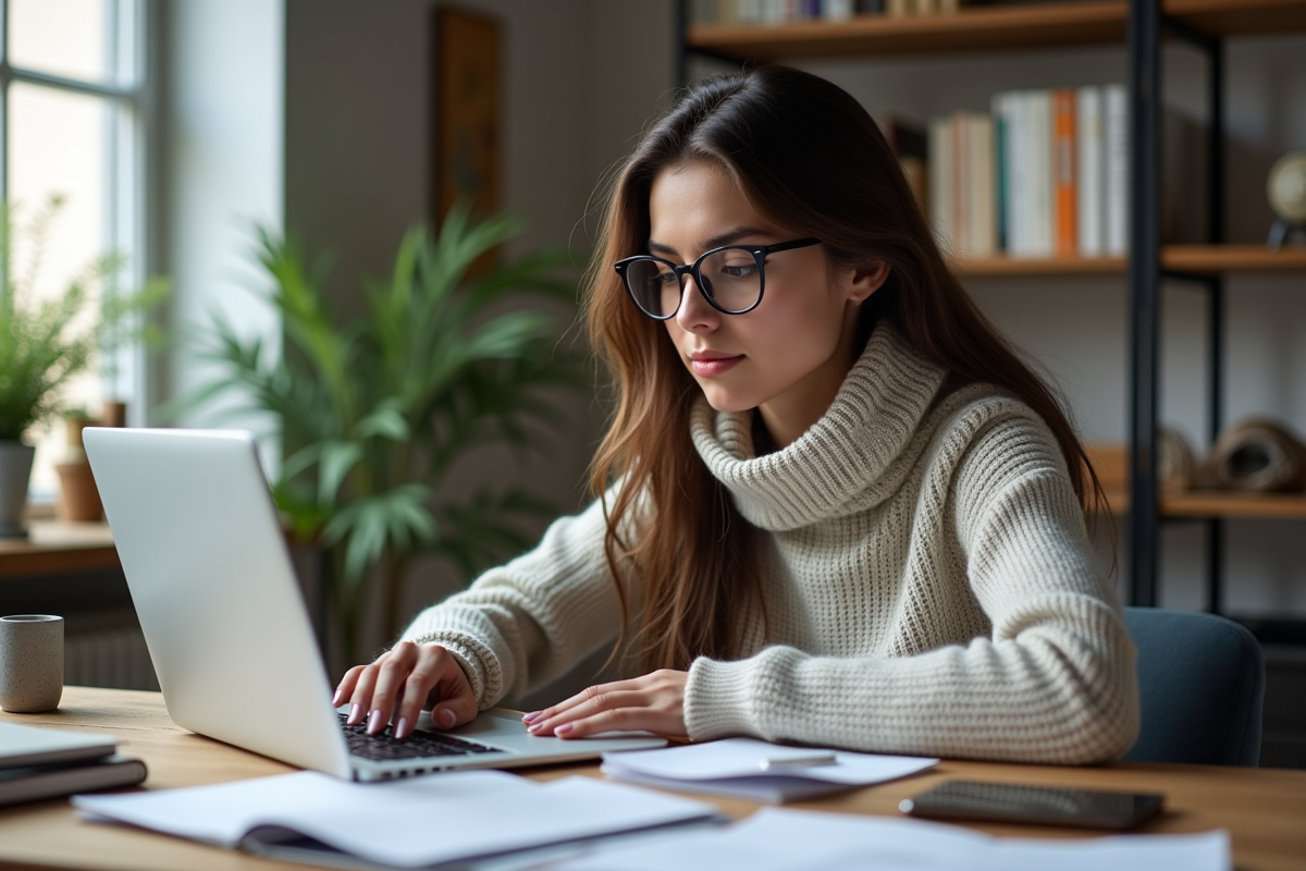 Jeune femme française regardant un tutoriel SEO sur son ordinateur