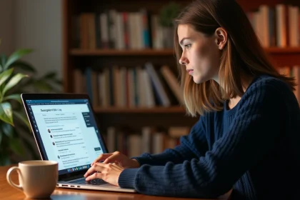 Jeune femme parcourant un serveur francophone sur son ordinateur portable dans un bureau à domicile chaleureux