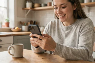 Femme tenant un smartphone à moins de 200 euros en souriant, assise dans une cuisine moderne, illustrant les meilleures promos téléphone 2026