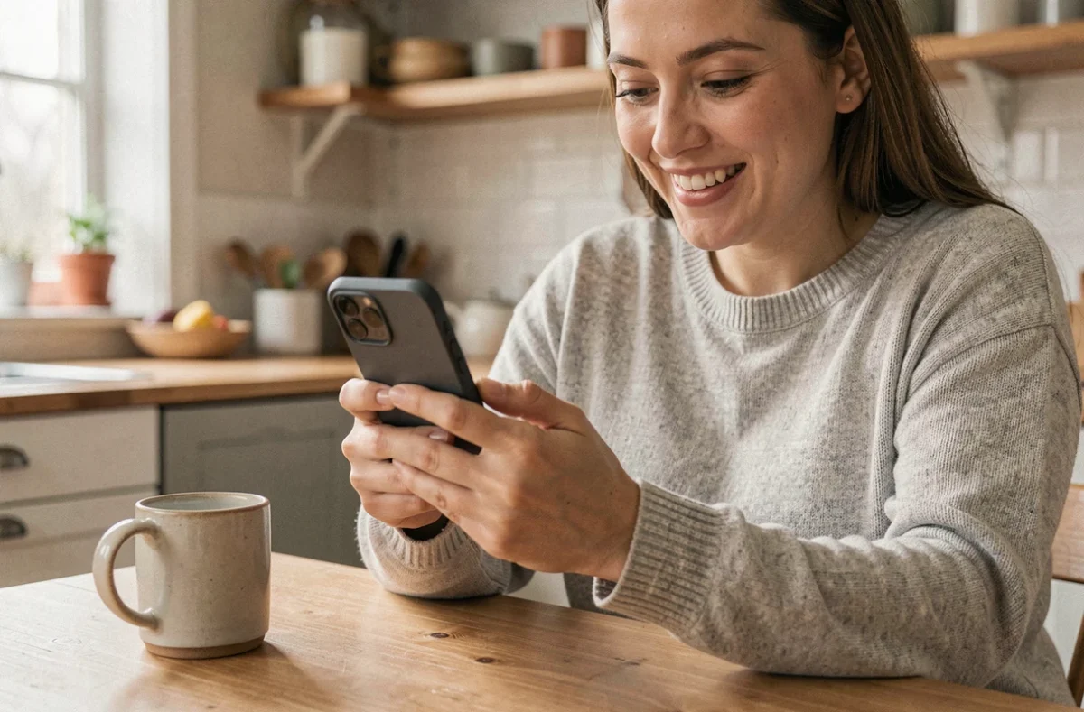 Femme tenant un smartphone à moins de 200 euros en souriant, assise dans une cuisine moderne, illustrant les meilleures promos téléphone 2026