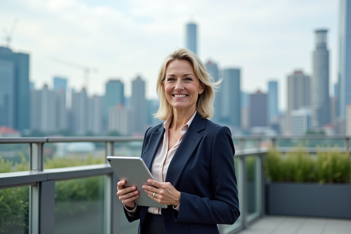 Femme souriante avec tablette sur un rooftop urbain