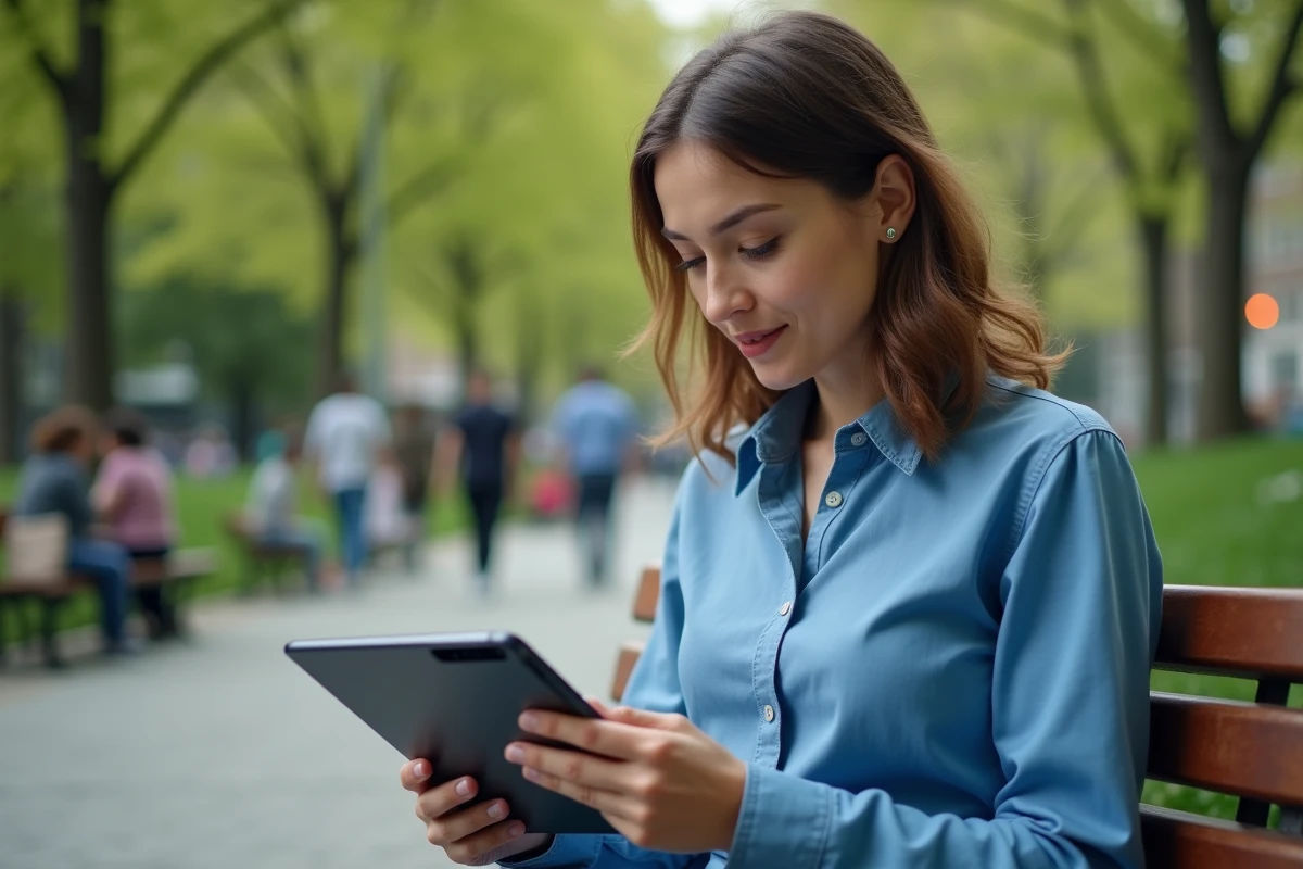 Femme comparant tablette et smartphone en plein air dans un parc urbain