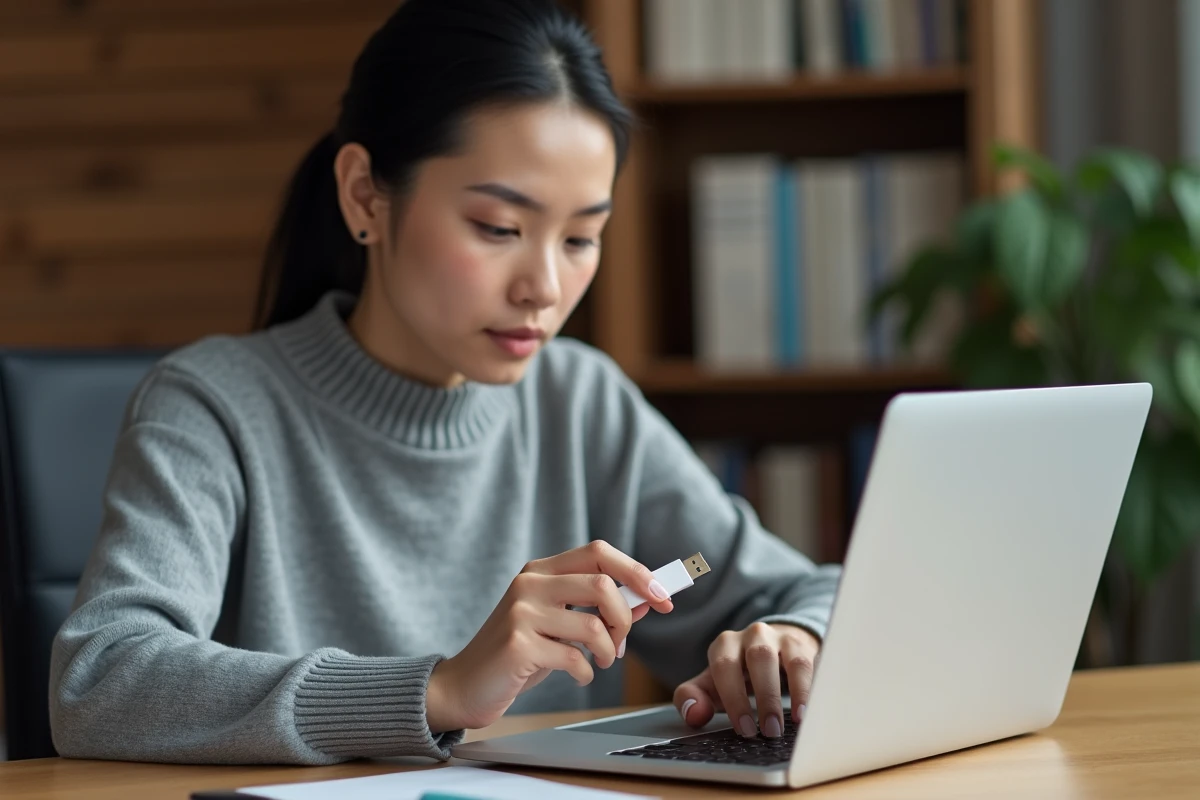Femme téléchargeant de la musique sur une clé USB depuis son ordinateur portable