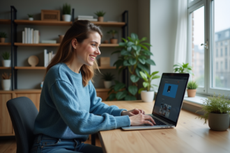 Femme souriante utilisant son ordinateur pour stocker des photos en cloud