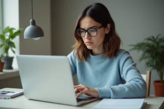 Jeune femme frustrée travaillant à son bureau à domicile