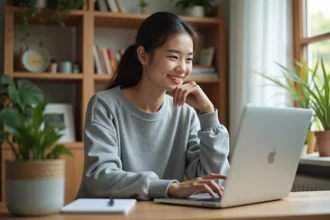 Jeune femme souriante travaillant à domicile sur son ordinateur