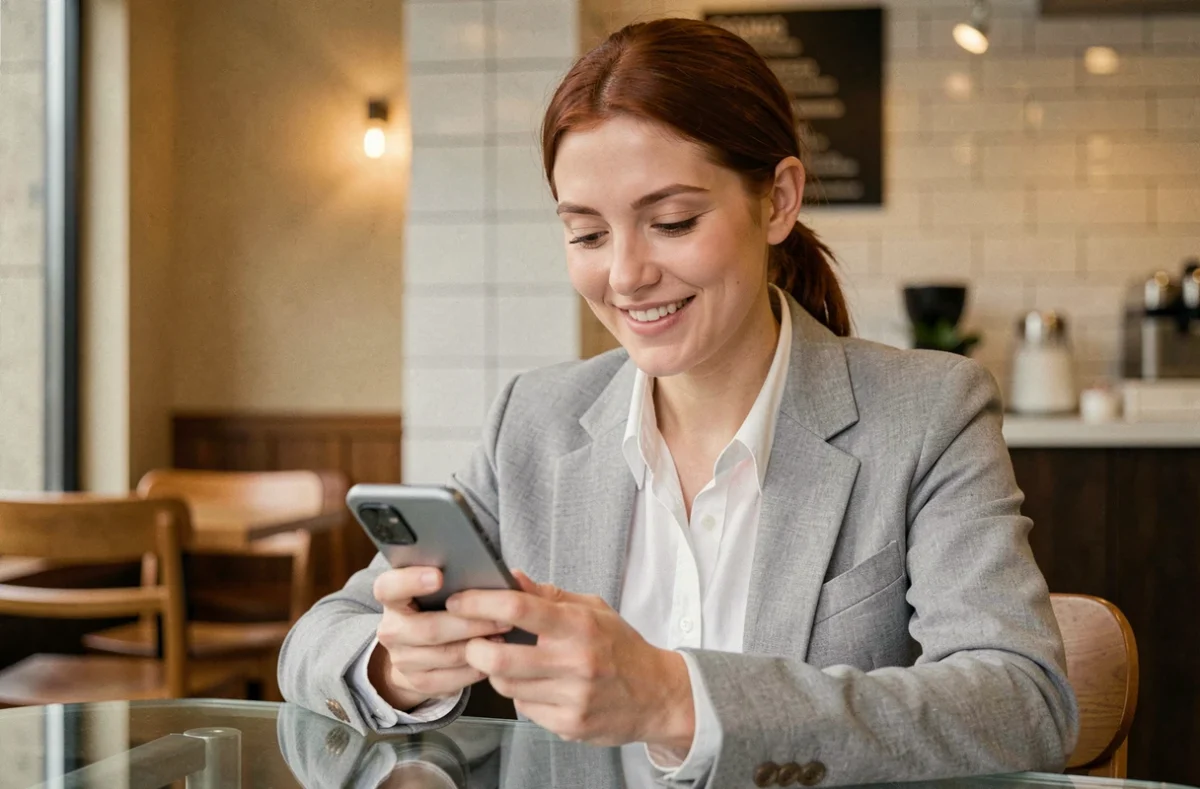 Femme déverrouillant son Xiaomi 15 dans un café moderne, illustrant la sécurité biométrique du smartphone