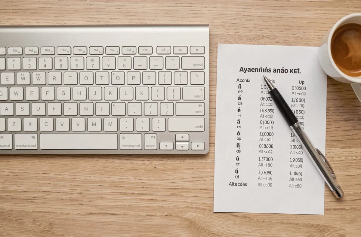 Vue de dessus d'un clavier QWERTY avec une fiche de référence des codes ASCII pour les accents espagnols posée à côté