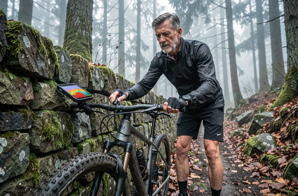 GPS vélo avec itinéraire GPX affiché sur le guidon d'un gravel bike à l'entrée d'un sentier forestier